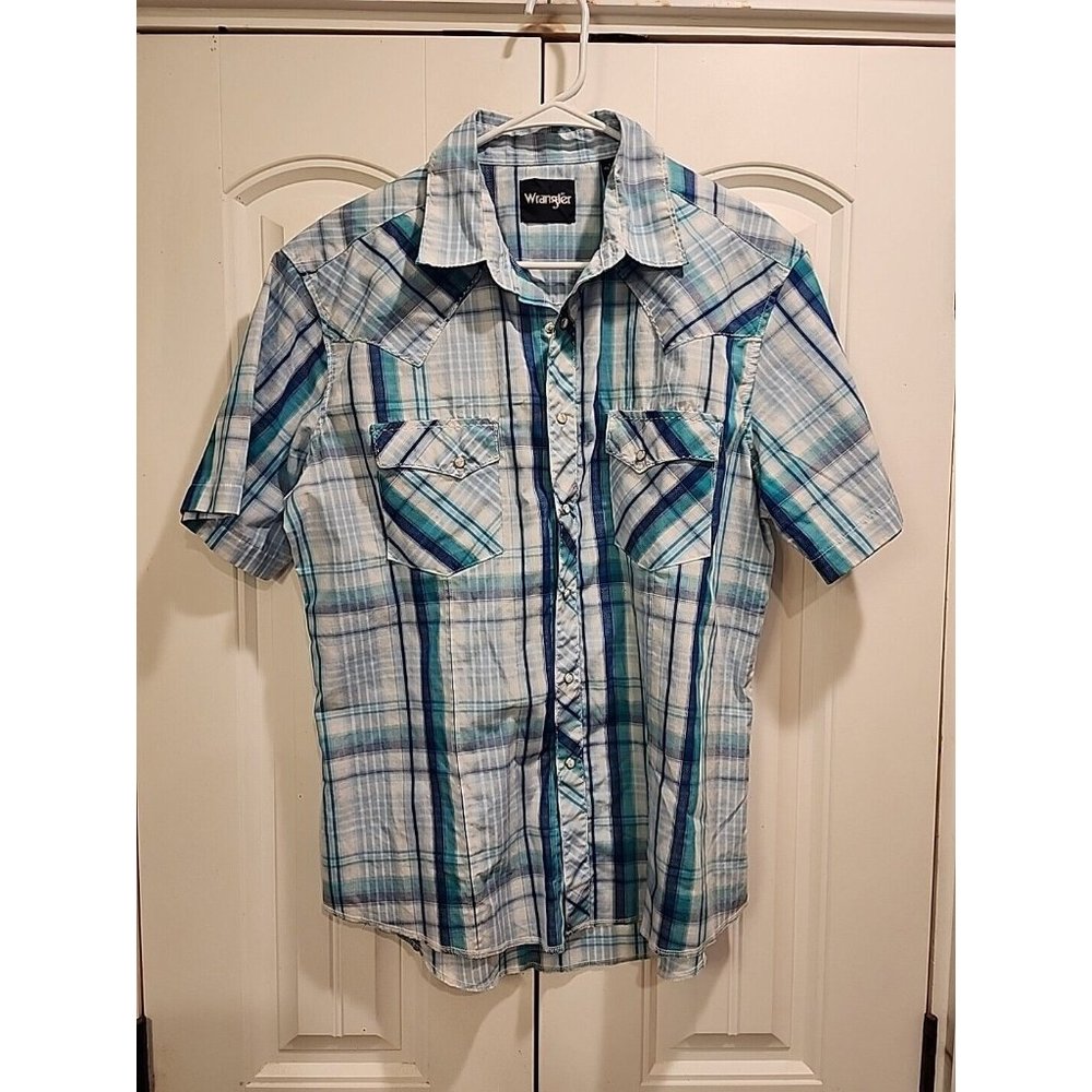 Wrangler WESTERN Pearl Snap Men L Short Sleeve Preppy Heavy Stitch V-Pocket